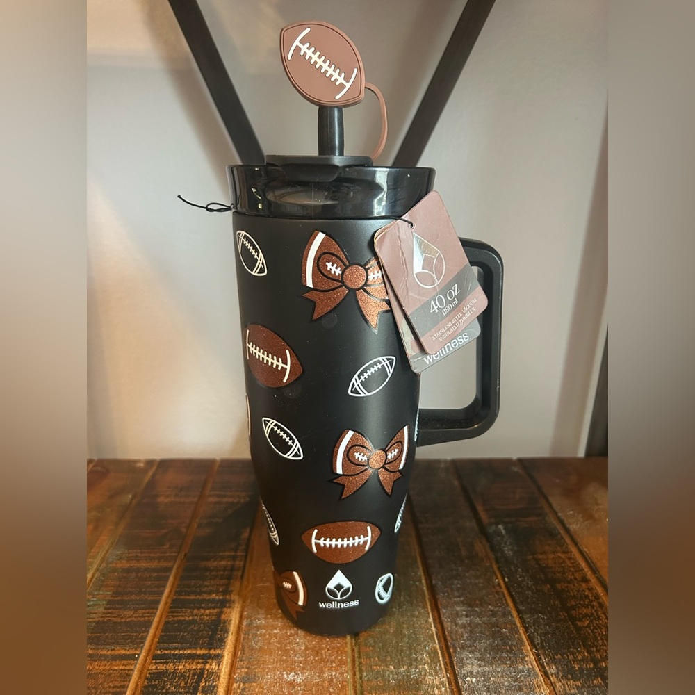 Wellness Football And Coquette Bow Tumbler 40oz Shabby Chic Straw Topper NEW